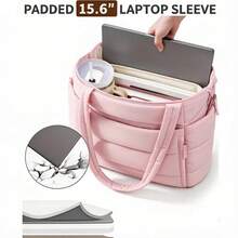 1Pc New Large Capacity Quilted Tote Bag Set For Women, Multi-Pocket With Cup Holder & Laptop Sleeve, Minimalist Work Travel Handbag, Gift For Her, Perfect For Commute, Short & Spring Trips, Weekend Getaway - Pink - View 5