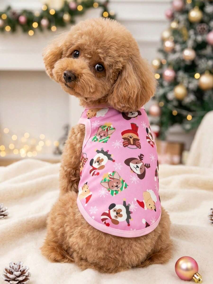 PETSIN 1pc Christmas Clown Dog Snowflake Letter Printed Tank Top Pink Christmas Skin Friendly Breathable Pet Clothes - Multicolor - View 1
