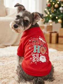 PETSIN 1pc Pet "HoHoHo" Reindeer Snow Flake Santa Claus Cartoon Print Cute Red Fleece Pullover Sweatshirt - Multicolor - View 1
