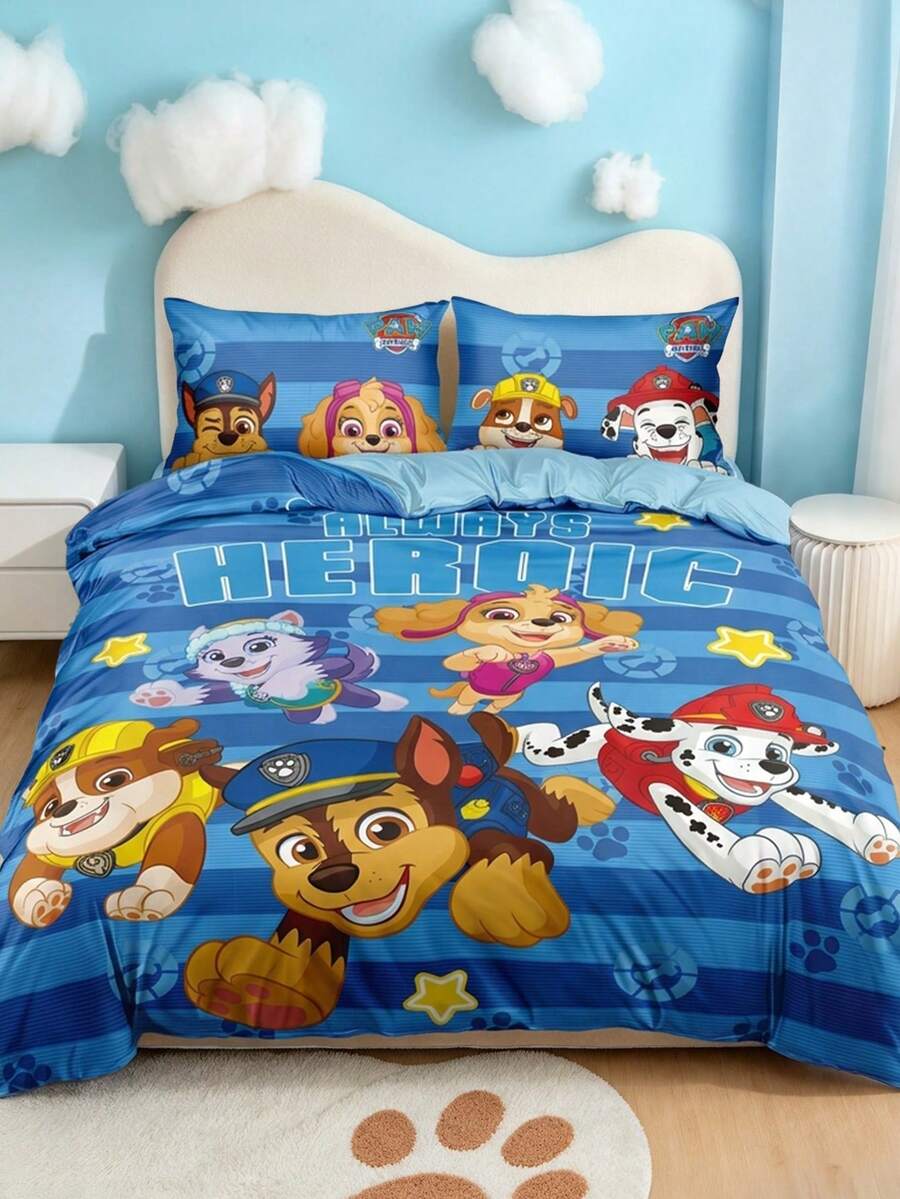 SHEIN | PAW Patrol 3件組卡通圖案被套組,柔軟保暖,可機洗,適用單人/雙人/Queen/King尺寸床 - 汪汪隊深藍色 - 查看 1
