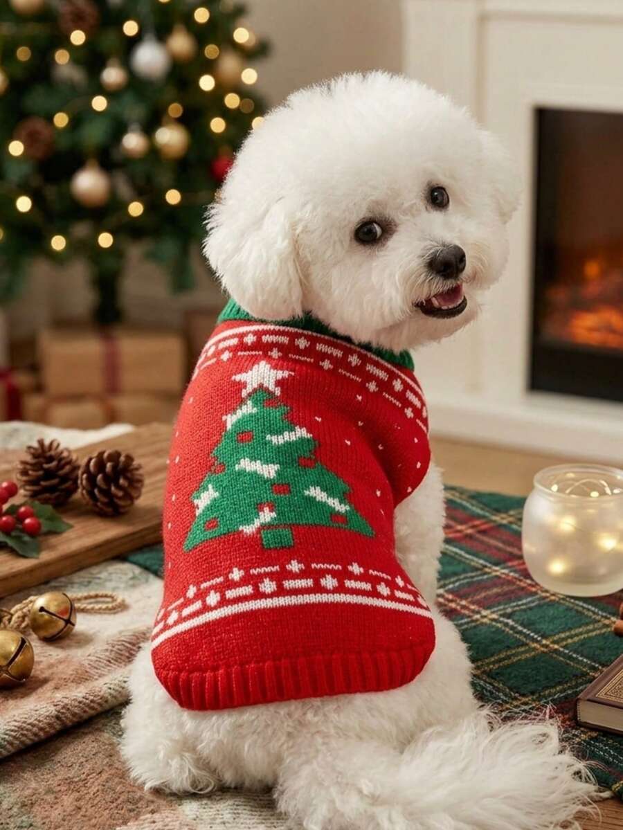 PETSIN Christmas Pet Sweater With Colorblock Christmas Tree Jacquard Pattern, Winter - Red - View 1