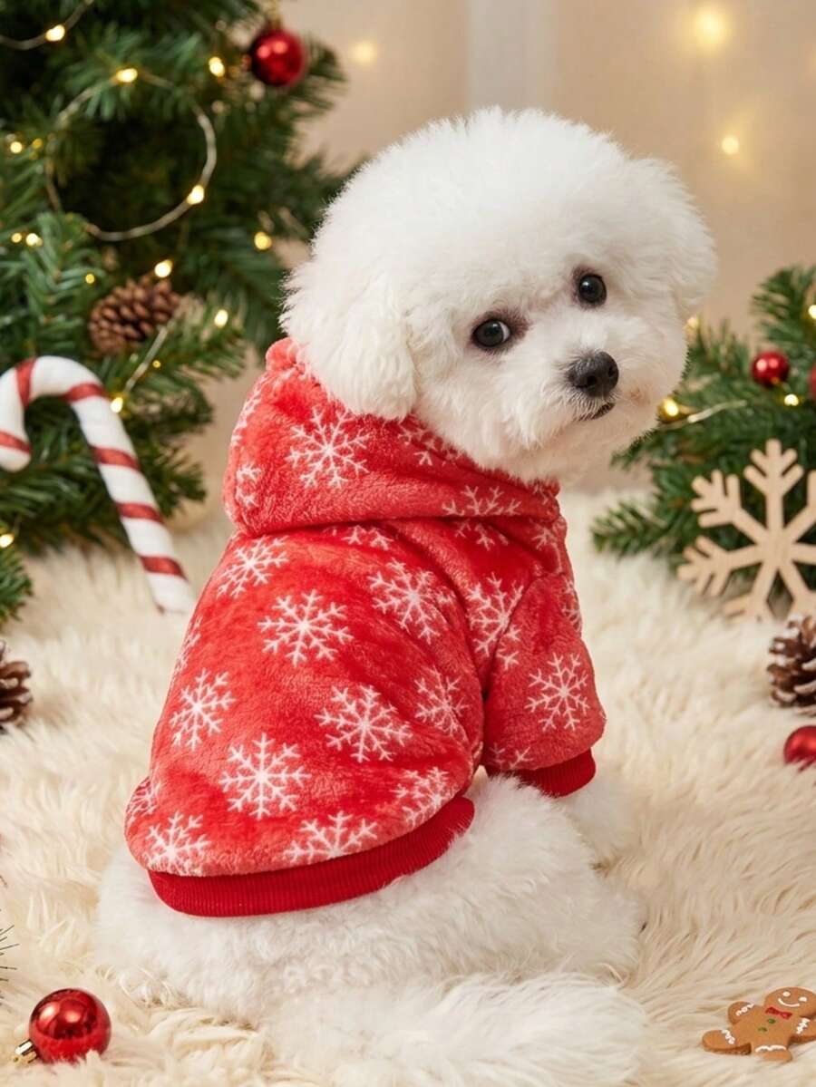 PETSIN 1pc Christmas Red Flannel Snowflake Print Fleece Pet Hoodie For Cats & Dogs - Multicolor - View 1