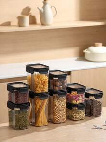 1PC Airtight Food Storage Containers With Black Lids, Plastic Sealed Kitchen Pantry Organizer Jars, Stackable Clear Canisters For Grain, Pasta, Nuts, Beans, Dry Food, Household Kitchen Storage & Organization - Black - View 8