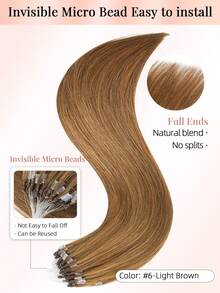 50 Strands Micro Loop Hair Extensions Real Human Hair, 6# Light Brown Microbead Design, Ultra‑Smooth & Super‑Soft Silky Straight Healthy Texture, Premium Remy Hair, Easy Installation, Ideal For Women Daily Hair Volume Boosting And Hairstyle Upgrading - S6 - View 3