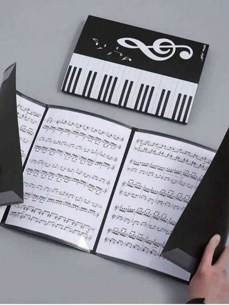 6頁A4音樂譜架－3折PP塑料，黑色，附鋼琴鍵盤與音符設計－適合樂團表演、教師與音樂課、學生音樂禮物，鋼琴譜夾，鋼琴配件，減少翻頁，防水 - 彩色 - 查看 1