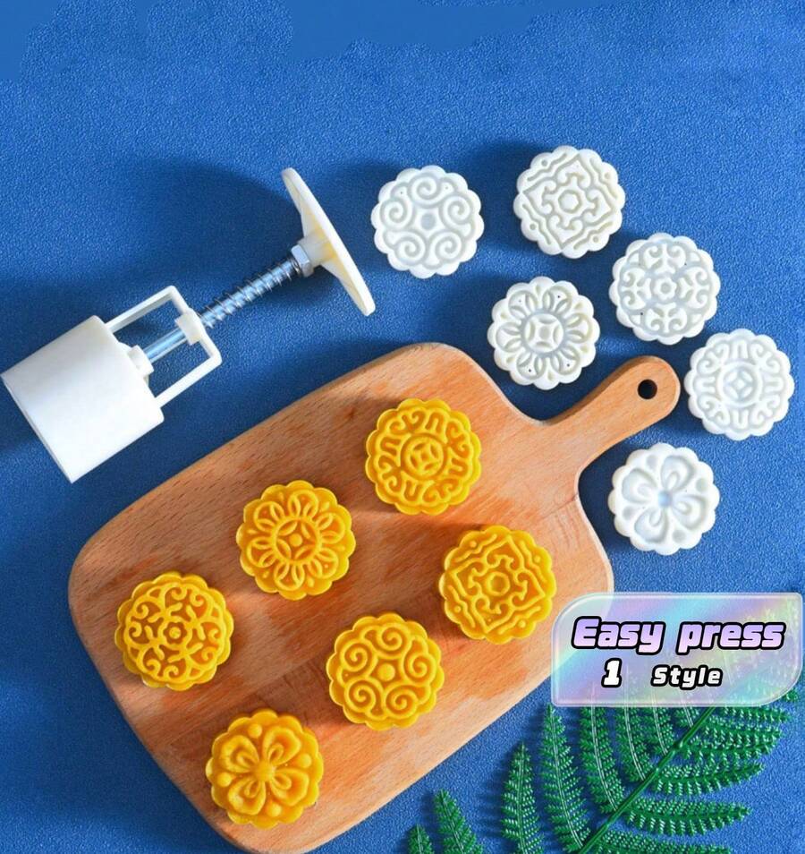 1 Sets Of Flower Shaped Mooncake Molds, 50g Cake Molds, DIY Manual Pressing, Sugar Flipping Mooncake Decoration, Biscuit Baking Tools - White - View 1