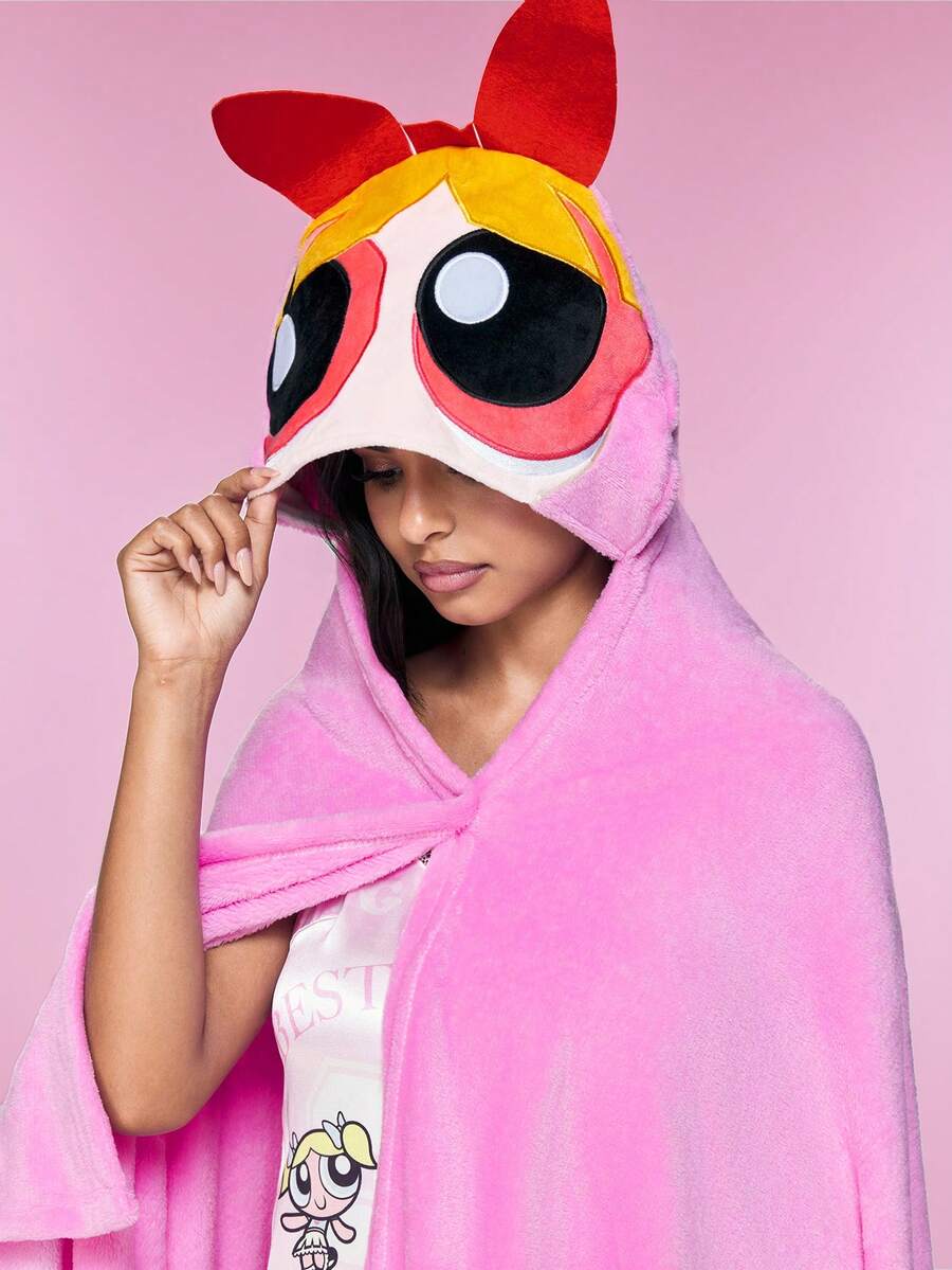 THE POWERPUFF GIRLS X SHEIN 小女警刺繡抓絨連帽穿戴式毯，居家 Cosplay，春秋/冬季 - 粉色 - 查看 1