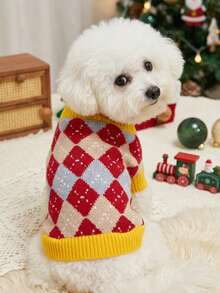 PETSIN Vintage Argyle Pet Sweater, Diamond Plaid Knit Pullover, Winter Warm Clothes For Small Puppy Kitten - Red - View 5