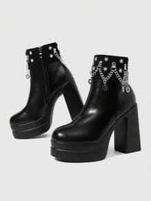 ROMWE Women's Autumn/Winter Punk-Style Retro Chunky Heel Platform Ankle Boots, Gothic Solid Color Leather Side Zip Closure With Metal Buckle Strap. - Black - View 4