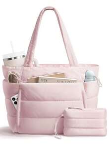 1Pc New Large Capacity Quilted Tote Bag Set For Women, Multi-Pocket With Cup Holder & Laptop Sleeve, Minimalist Work Travel Handbag, Gift For Her, Perfect For Commute, Short & Spring Trips, Weekend Getaway - Pink - View 7