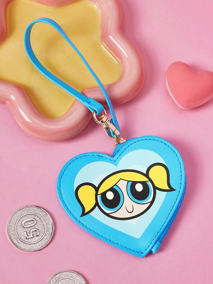 THE POWERPUFF GIRLS X SHEIN 愛心造型迷你零錢包,附金屬掛鉤設計,可作為包包吊飾,可收納硬幣、耳機線、小飾品及其他小物品 - 藍色 - 查看 1