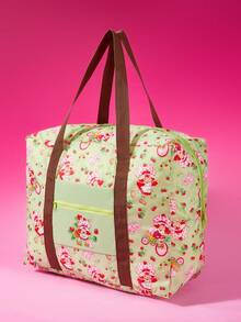 Strawberry Shortcake X SHEIN Hot Pink Heart Cartoon Foldable Travel Tote Bag, Large Capacity With Front Zip Pocket, Collapsible Design For Weekend Trips, Gym And Daily Storage - Light green - View 5