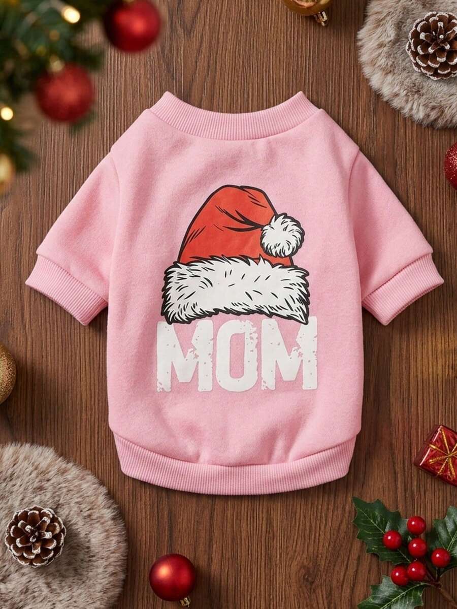 PETSIN 1 Pc Christmas Hat MOM Printed Pet Pink Christmas Thick Warm Pet Clothing - Multicolor - View 1