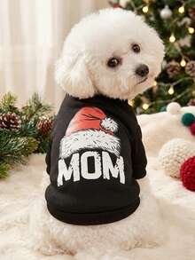 PETSIN 1pc Red And White Plush Christmas Hat With MOM Letter Pattern Print, Soft And Comfortable, Warm Pet Clothing - Multicolor - View 2