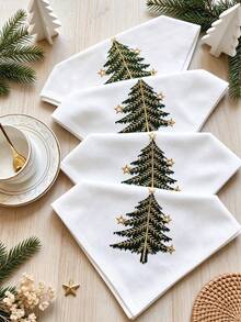 Cirelle 2/4pcs Christmas Embroidered Cloth Napkins, Poly Linen Blend Dinner Napkins With Gold Star Christmas Tree Embroidery, Rustic Farmhouse Holiday Cloth Napkins For Christmas Dinner, Holiday Party Table Decor - Multicolor - View 6