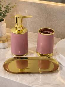 3Pcs Bathroom Countertop Set, Soap Dispenser Toothbrush Holder With Golden Tray, Gold Rim Vanity Storage Organizer, Modern Bathroom Decor, Multi Color Options - Multicolor 6 - View 10