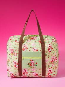 Strawberry Shortcake X SHEIN Hot Pink Heart Cartoon Foldable Travel Tote Bag, Large Capacity With Front Zip Pocket, Collapsible Design For Weekend Trips, Gym And Daily Storage - Light green - View 4
