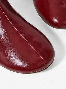 Mnmlis Burgundy Glossy Flat-Bottomed Ankle Boots, Soft Leather Round Toe Commuting Versatile Autumn And Winter Atmosphere Ankola Red Ankle Boots, Rear Zipper Fall Boots - Burgundy - View 4