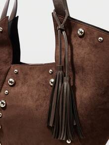 MOTF WOMEN'S FASHION RETRO BROWN SUEDE RIVET DECORATIVE TOTE BAG, LARGE CAPACITY CASUAL SHOULDER BAG, FOR DAILY, COMMUTING, SHOPPING, VACATION, TRAVEL - Coffee - View 5