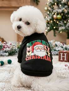 PETSIN 1 Pc Christmas Santa Claus Wearing Christmas Hat Print Pet Black Letters Christmas Thick Warm Pet Clothes - Multicolor - View 1