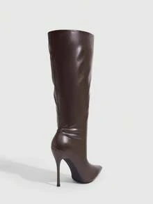 CUCCOO SZL Black Glossy Pointed-Heeled Elastic High Boots, Spice Girls Autumn And Winter Models - F6 coffee color - View 3