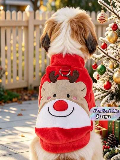 1Pc Pet Christmas Fleece Sweatshirt, Santa & Reindeer Embroidery Dog Cat Clothes With D‑Ring, Warm Holiday Outfit For Small Pets