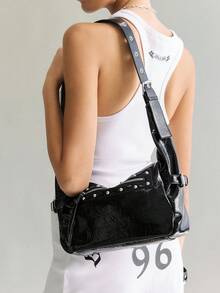 Viva Strut Ladies Shoulder Bag, Large Capacity, Rivet Decoration, Sweet And Cool Spice Girl Y2K, Zipper Closure, Adjustable Shoulder Strap, Suitable For Daily Sh - Black - View 7