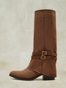 Styleloop Women Shoes Vintage Western Style Girls Commuting Shopping Autumn And Winter Round Head High Heel Pile Boots - Coffee brown velvet - View 1