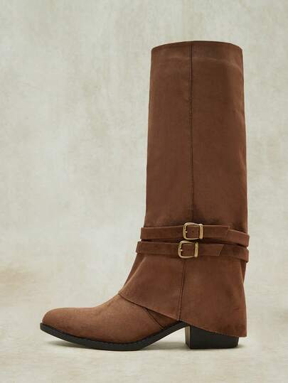 Styleloop Women Shoes Vintage Western Style Girls Commuting Shopping Autumn And Winter Round Head High Heel Pile Boots