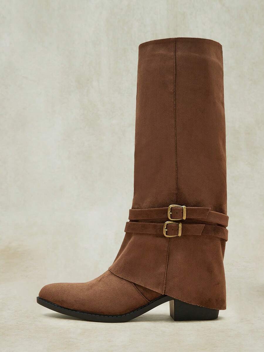 Styleloop Women Shoes Vintage Western Style Girls Commuting Shopping Autumn And Winter Round Head High Heel Pile Boots - Coffee brown velvet - View 1
