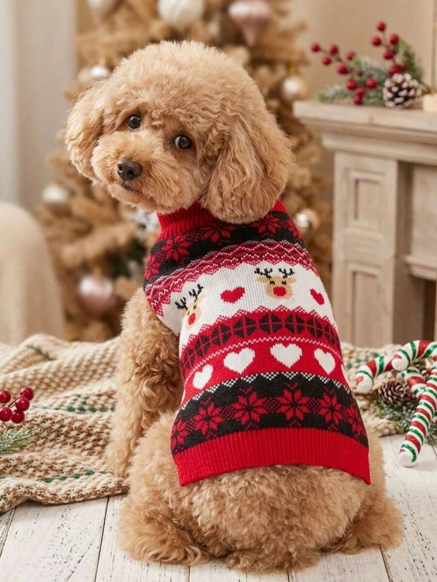 PETSIN قطعة واحدة كنزة صوفية عيد الميلاد للحيوانات الأليفة القطط والكلاب عالمية بنمط شبكة ماسية خضراء مع رسمة الأيل وندفة الثلج نمط لطيف جاكار محبوك مرن ومريح كنزة صوفية عيد الميلاد للكلاب - متعدد الألوان - مشاهدة 1