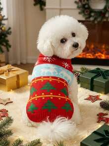 PETSIN Christmas Style Red Striped Reindeer & Christmas Tree Pet Sweater - Red - View 2