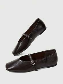 Sleekvia The New Women's Popular Fashion Is Simple And Elegant, Solid Color Slip-On Square Toe Flat Bottom Dark Brown Mary Jane Shoes - dark brown - View 6
