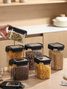 1PC Airtight Food Storage Containers With Black Lids, Plastic Sealed Kitchen Pantry Organizer Jars, Stackable Clear Canisters For Grain, Pasta, Nuts, Beans, Dry Food, Household Kitchen Storage & Organization - Black - View 4