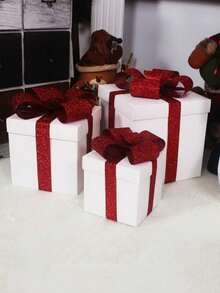1Pc 20Cm White Square Self-Assembly Gift Box, Christmas Scene Decoration, Hotel Lobby & Mall Window Display Prop, DIY Holiday Decor, Party Visual Merchandising Ornament, Holiday Gift Box Display Piece - Red and White - View 3