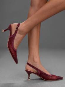 CUCCOO SZL Women's Fashion Pointed Mesh Stitching Rhinestone Summer Fashion Party Party Spread Kitten Heel Empty Kitten Heel High Heels Shoes - Burgundy - View 10