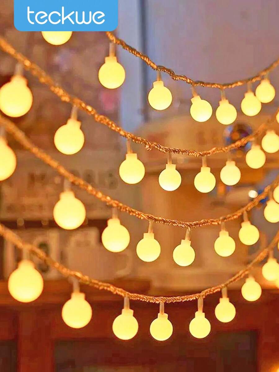 Teckwe 1pc Home Decor White Ball LED String Lights,Battery Power Indoor Room Wall Decor LED Fairy Star Lights,Girls' Bedroom Decor Light String,Wedding Decor,Birthday Party Decor Lights,Christmas Tree Decorative Ball Light String