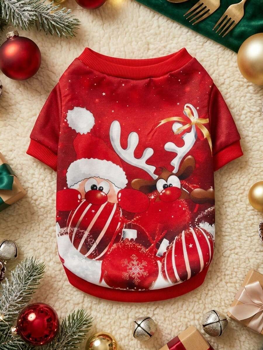 PETSIN 1pc Cute Santa Claus Elk Snowflake Christmas Ball Pattern Pet Soft And Comfortable Pet Clothes - Multicolor - View 1