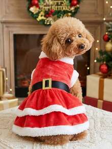 PETSIN Santa - Style Pet Christmas Dress With Plush Trim And Golden Buckle Belt - Red - View 4