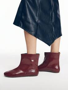 Mnmlis Burgundy Glossy Flat-Bottomed Ankle Boots, Soft Leather Round Toe Commuting Versatile Autumn And Winter Atmosphere Ankola Red Ankle Boots, Rear Zipper Fall Boots - Burgundy - View 8
