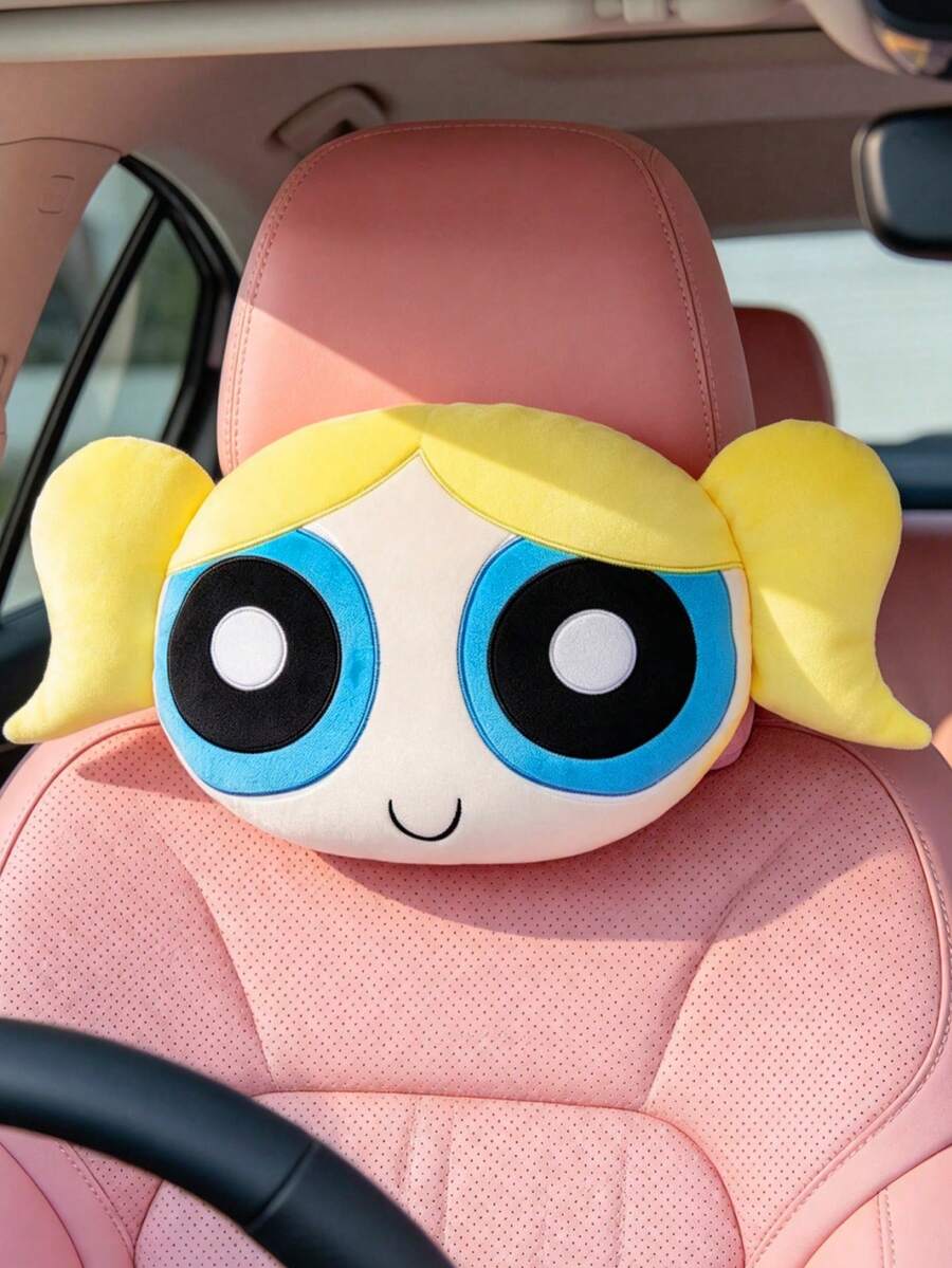 THE POWERPUFF GIRLS X SHEIN قطعة واحدة - وسادة رقبة مقعد السيارة على شكل فقاعات، شريط مطاطي مناسب لمعظم موديلات السيارات، وسادة ديكورية بشكل كرتوني لطيف، يمكن استخدامها في السيارات - الأزرق - مشاهدة 1