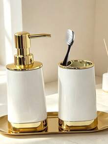 3Pcs Bathroom Countertop Set, Soap Dispenser Toothbrush Holder With Golden Tray, Gold Rim Vanity Storage Organizer, Modern Bathroom Decor, Multi Color Options - Multicolor 6 - View 2
