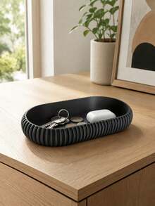 2 Pieces/1 Piece, Plastic Oval Storage Tray, Minimalist Black Or Cream White Striped Design With Elevated Curved Edge, Versatile Jewelry, Cosmetics, Keys And Coin Storage Case - Multicolor - View 10