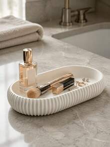 2 Pieces/1 Piece, Plastic Oval Storage Tray, Minimalist Black Or Cream White Striped Design With Elevated Curved Edge, Versatile Jewelry, Cosmetics, Keys And Coin Storage Case - Multicolor - View 6