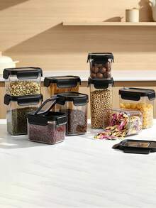 1PC Airtight Food Storage Containers With Black Lids, Plastic Sealed Kitchen Pantry Organizer Jars, Stackable Clear Canisters For Grain, Pasta, Nuts, Beans, Dry Food, Household Kitchen Storage & Organization - Black - View 7