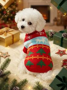 PETSIN Christmas Style Red Striped Reindeer & Christmas Tree Pet Sweater - Red - View 4