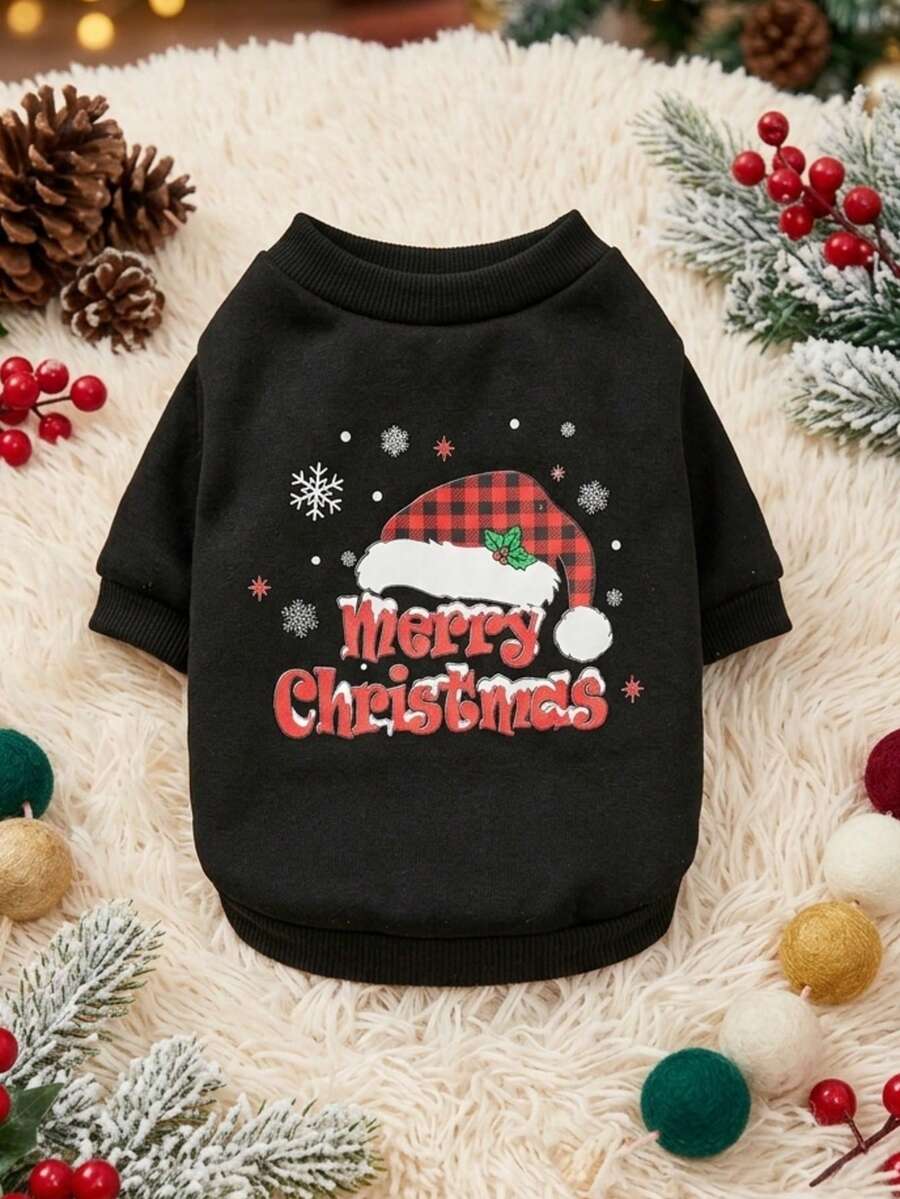 PETSIN 1pc Red And Black Checkered Christmas Hat, Merry Christmas With Snowflake Letter Pattern Print, Soft And Comfortable, Warm Pet Clothes - Multicolor - View 1