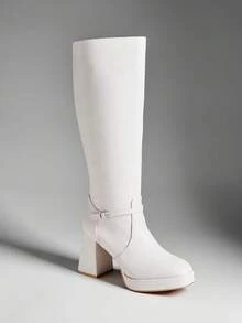 SHUZIA Women's Stylish & Comfortable Block Heel Knee-High Boots With Metal Buckle Decor For Christmas Valentine's Day - White - View 7