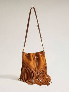 Wovira Ladies Slanted Shoulder Bag, Hand-Woven, Bohemian Vintage Tassel, Bucket Bag, Large Capacity, Vacation, Daily Commute - Brown - View 3
