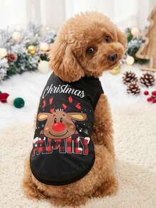 PETSIN 1pc Christmas Elk Snow Letter Printed Tank Top Black Christmas Skin Friendly Breathable Pet Clothes - Multicolor - View 2